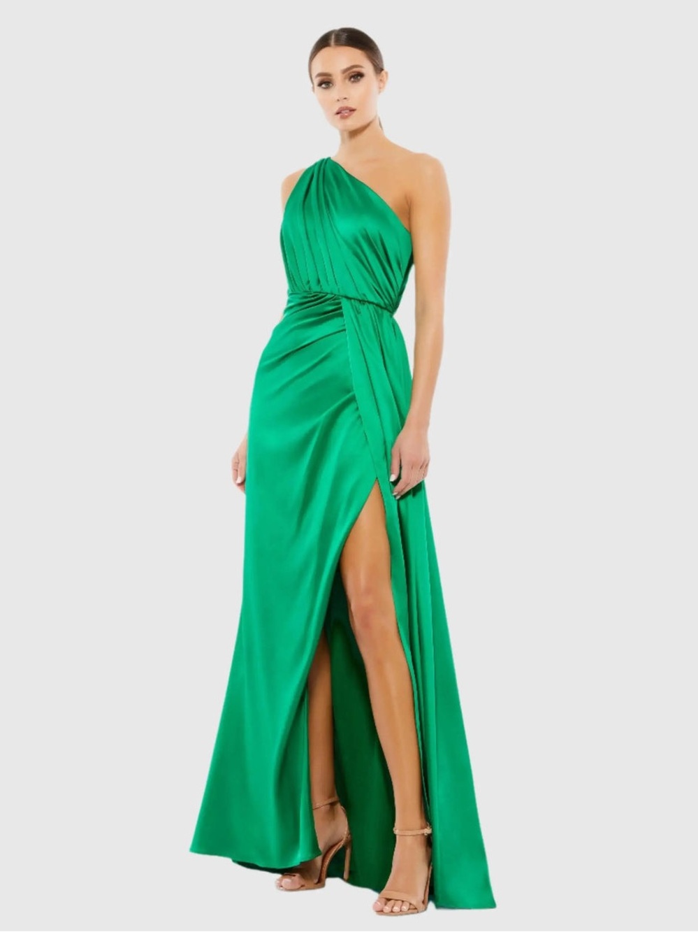 Green Gathered One Shoulder Satin Faux Wrap Gown $398